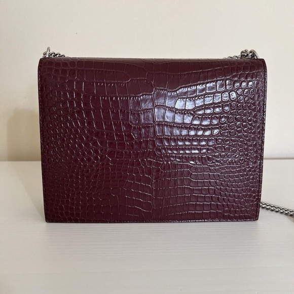 Yves SAINT LAURENT Calfskin Crocodile Embossed Cassandra Shoulder Bag Dark Red - Picture 7 of 13